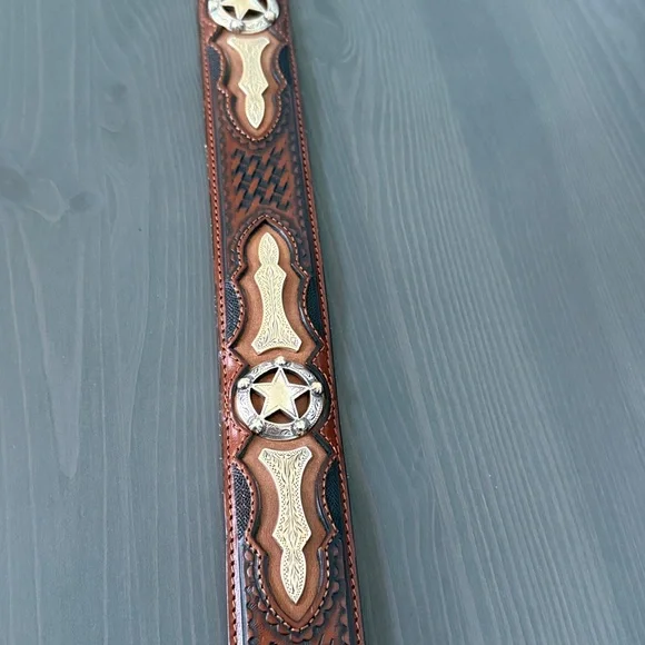 Justin Odessa Star Silver Texas Ranger Brown Leather Belt Vtg 1994 Size 36 - Picture 5 of 16